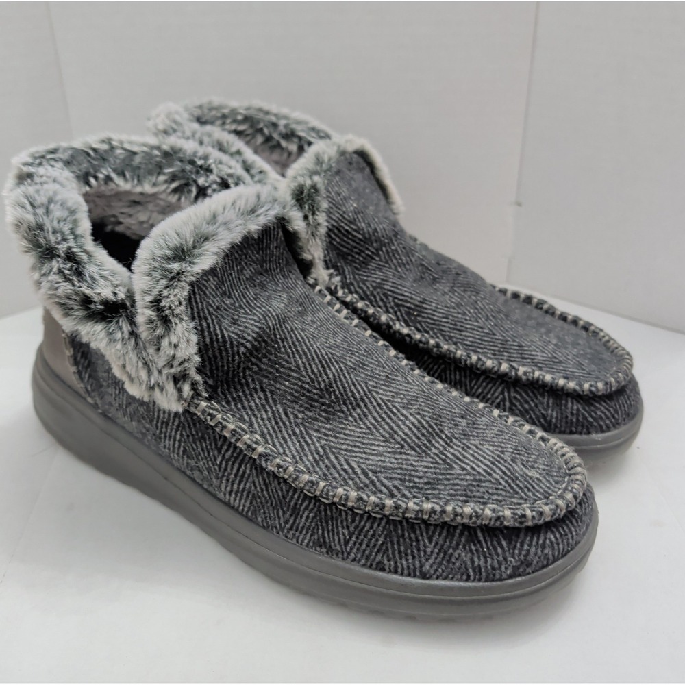 Hey Dude Denny Women's Size 9 Slip On Shoes Herringbone Gray Faux Fur Collar